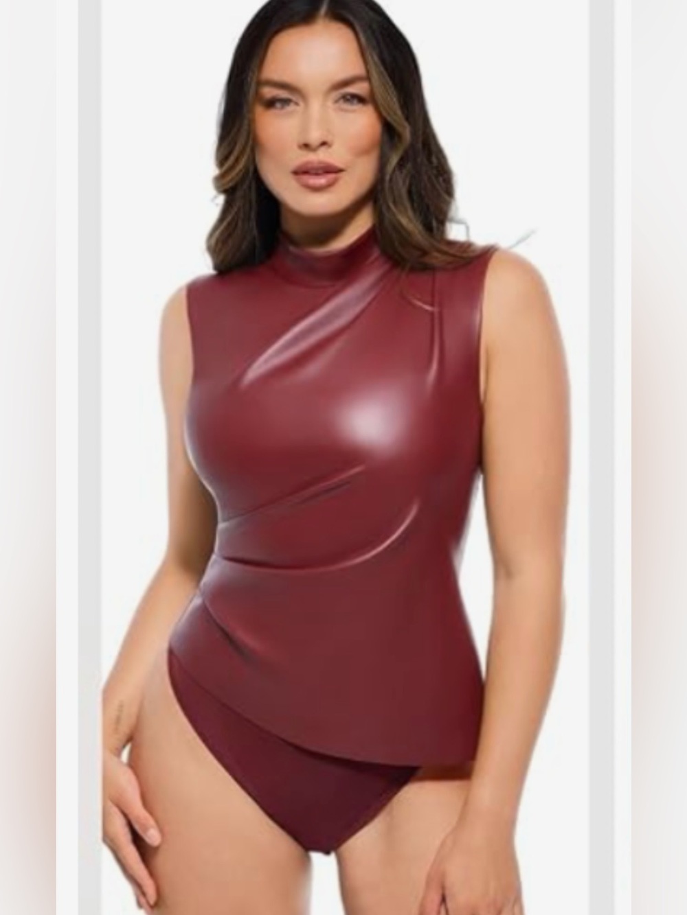Popilush Sleeveless Faux-Leather Mock Neck Tank Top Bodysuit - Maroon Size M-NwT